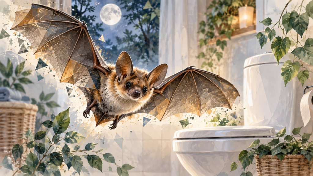 Bat flying inside a bathroom beside a toilet, illustrating how bats can get into houses