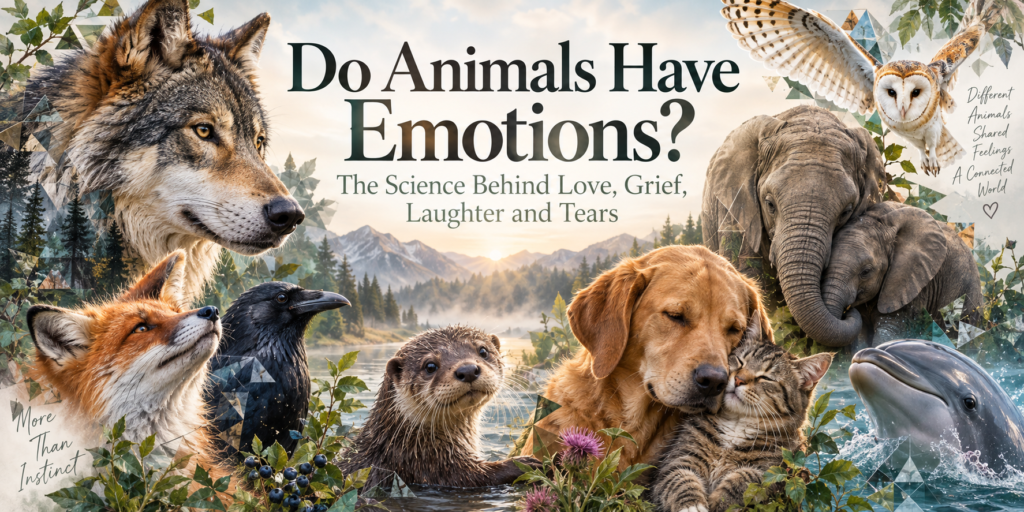 Do Animals Have Emotions? The Science Behind Love, Grief, Laughter and Tears Wolf, elephant, fox, crow, otter, dog, cat, owl and dolphin illustrating how animals experience emotions