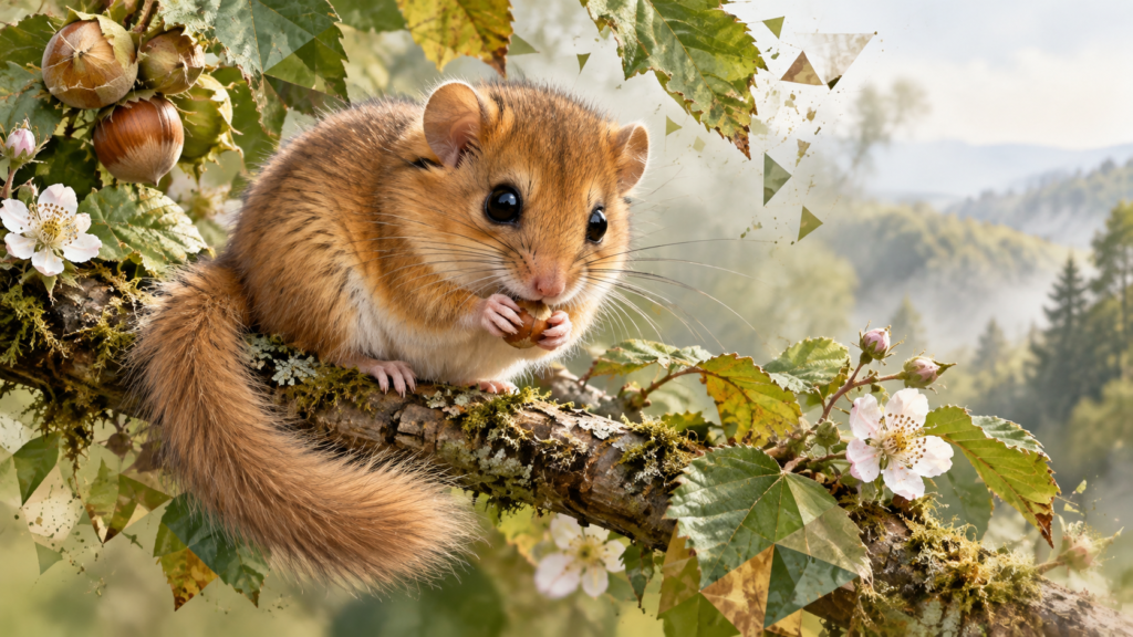 Hazel dormouse sitting on a mossy branch among hazelnuts, leaves and woodland flowers