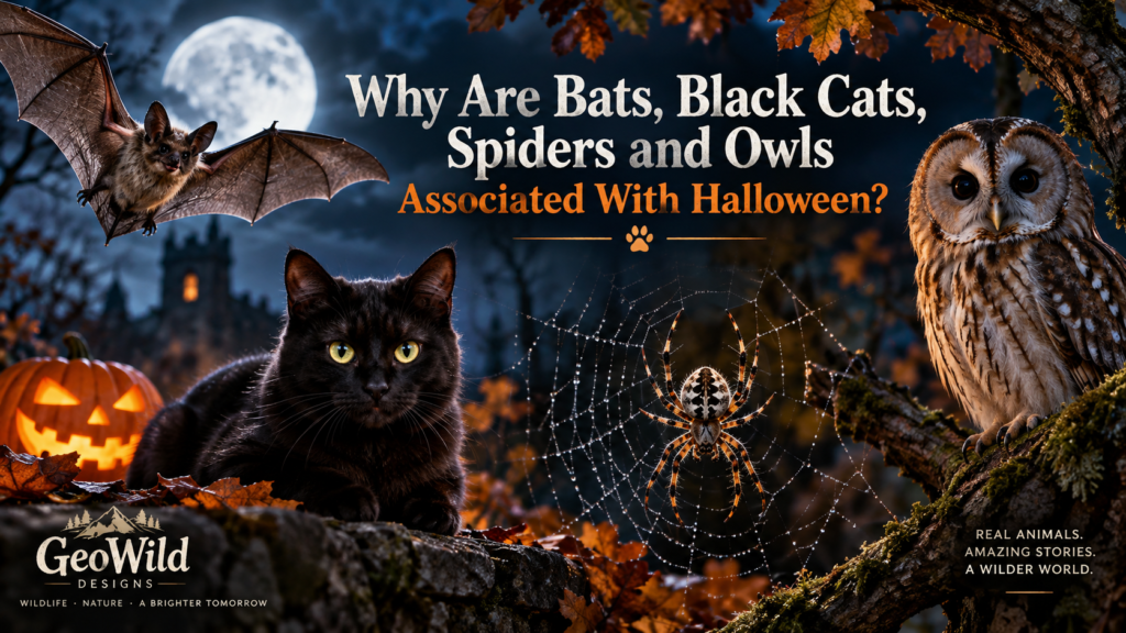 Bat, black cat, spider and owl in a moonlit Halloween woodland scene