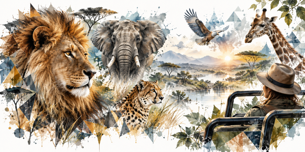Lion, elephant, cheetah and giraffe near a safari vehicle, illustrating why wild animals rarely attack humans