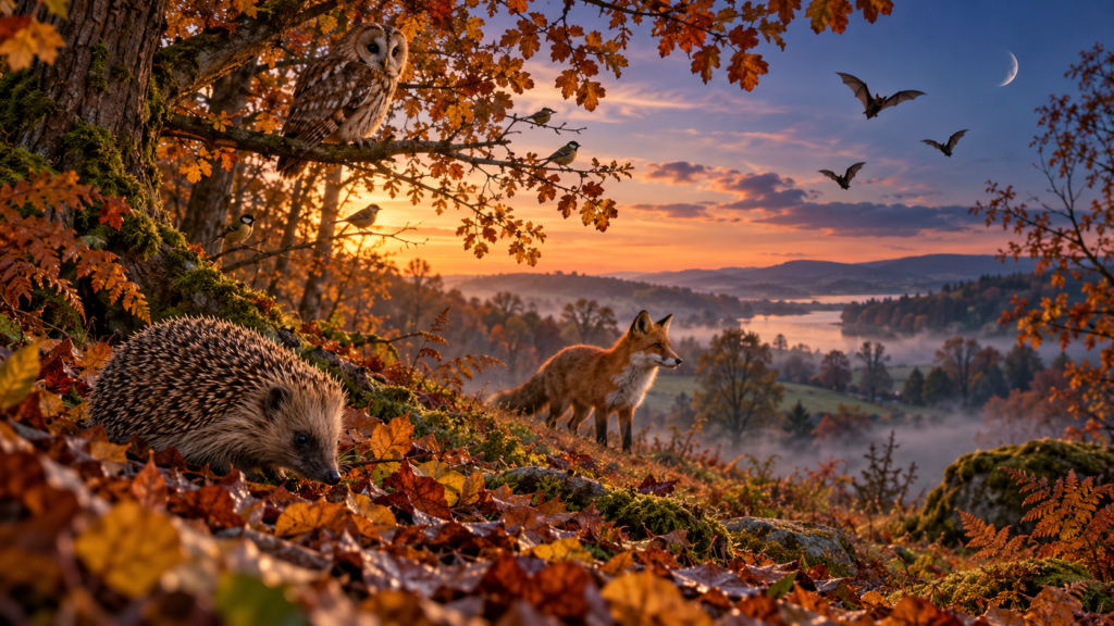 autumn woodland twilight fox, owl, and hedgehog