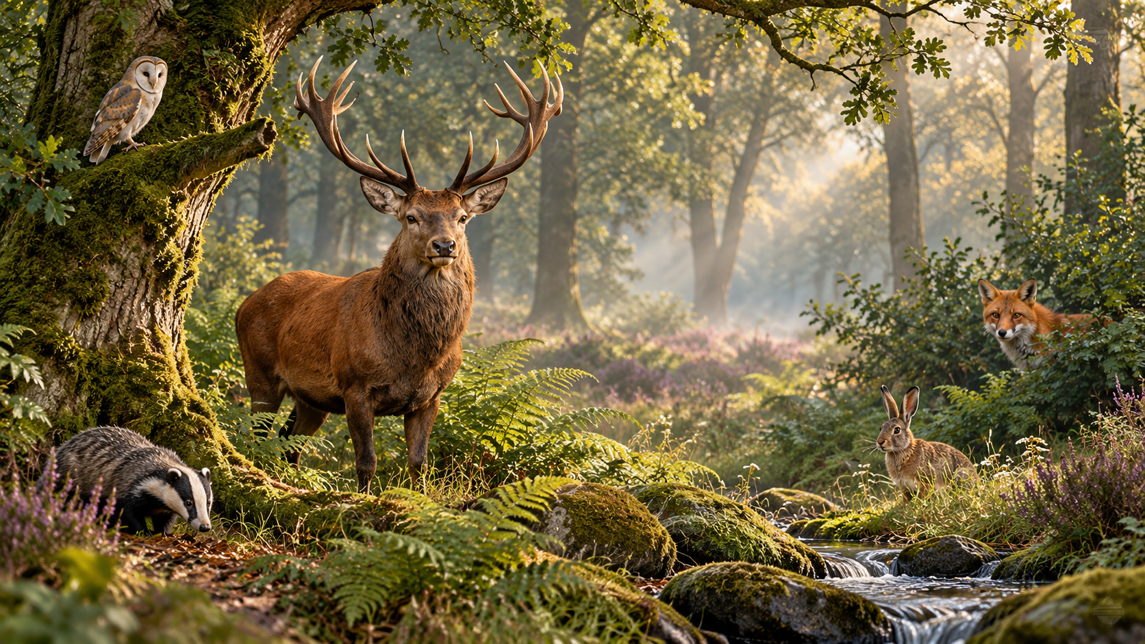 misty woodland stag and friends