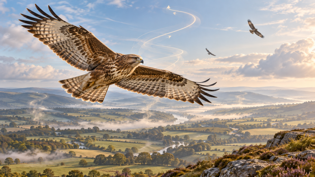 Riding the Invisible Wind: How Buzzards and Other Birds Use Thermals to Soar raptor soaring over misty valley