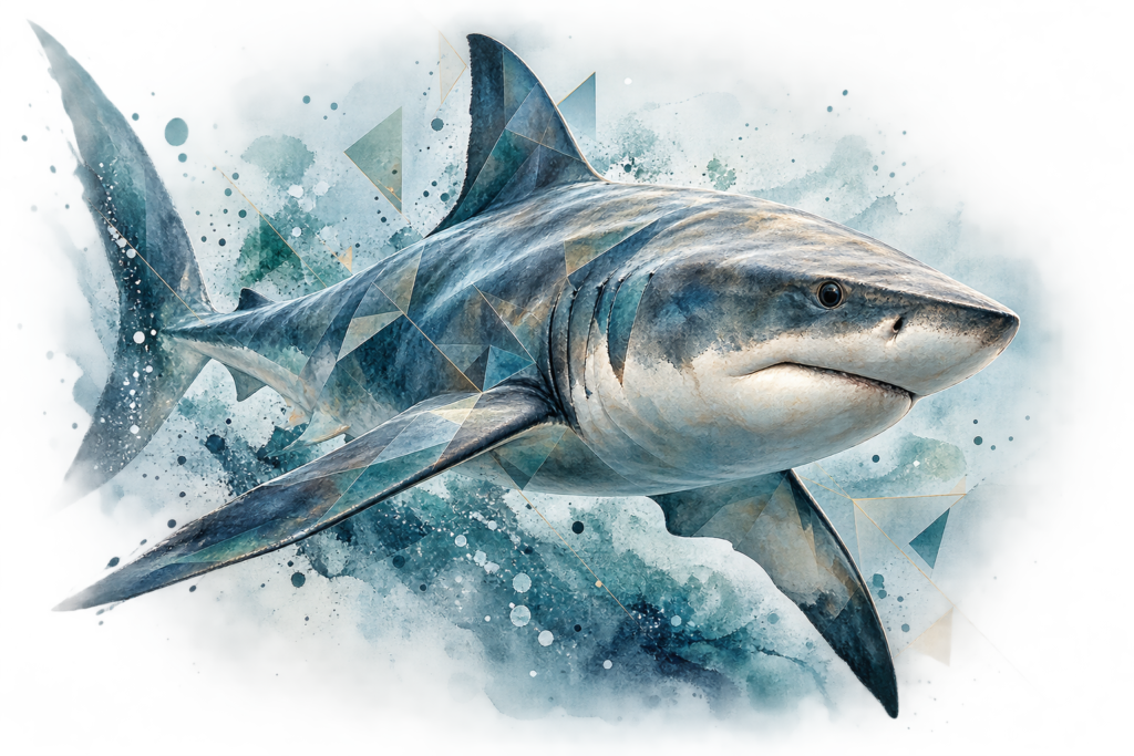 watercolor geometric great white shark